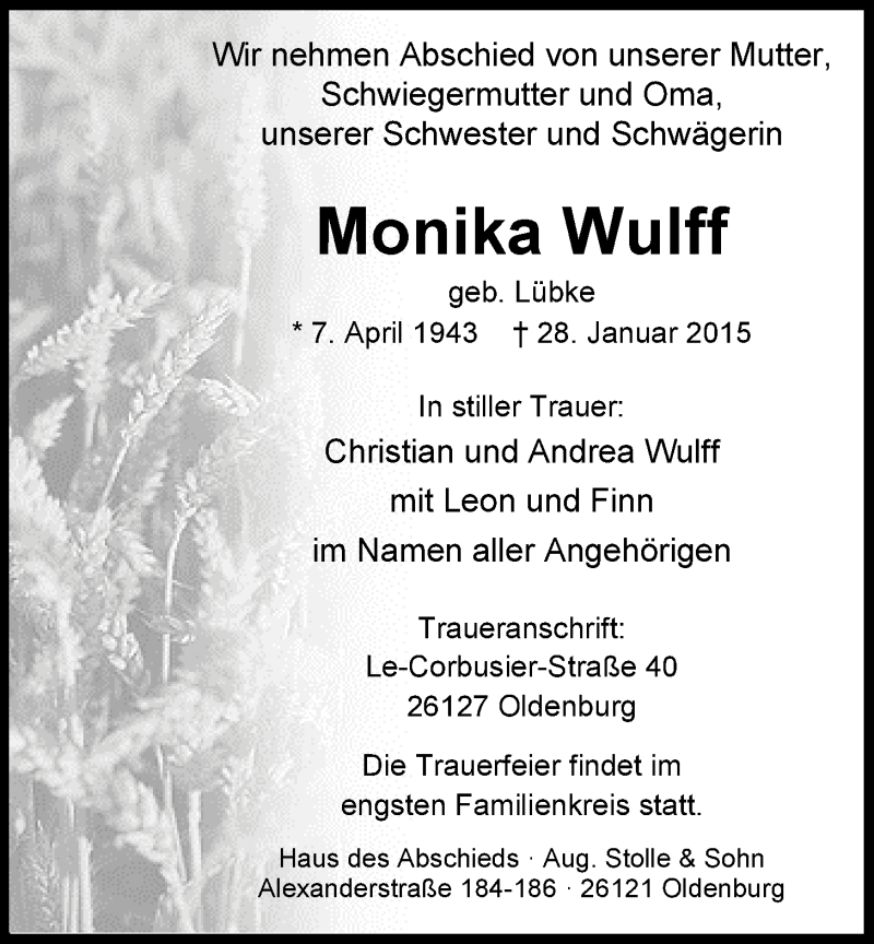  Traueranzeige für Monika Wulff vom 03.02.2015 aus Nordwest-Zeitung