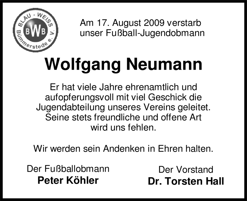  Traueranzeige für Wolfgang Neumann vom 19.08.2009 aus Nordwest-Zeitung