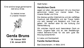 Traueranzeige von Gerda Bruns von Nordwest-Zeitung