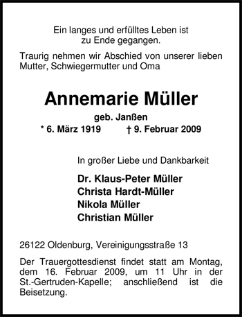 Traueranzeige von Annemarie Müller von Nordwest-Zeitung