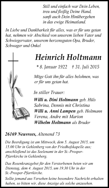 Traueranzeige von Heinrich Holtmann von Nordwest-Zeitung