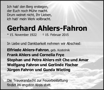 Traueranzeige von Gerhard Ahlers-Fahron von Nordwest-Zeitung