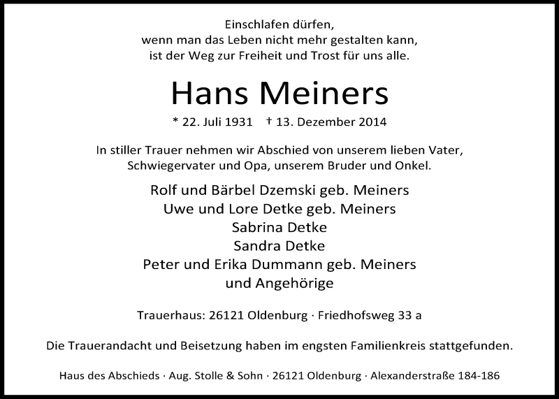  Traueranzeige für Hans Meiners vom 23.12.2014 aus Nordwest-Zeitung