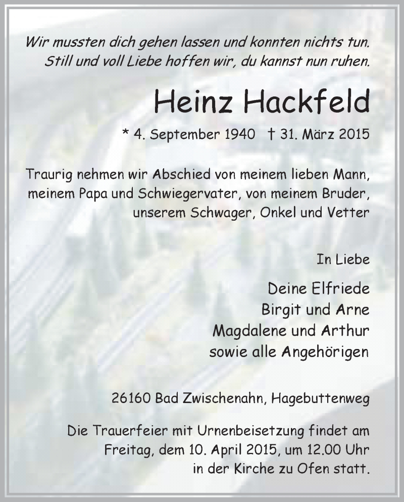  Traueranzeige für Heinz Hackfeld vom 07.04.2015 aus Nordwest-Zeitung