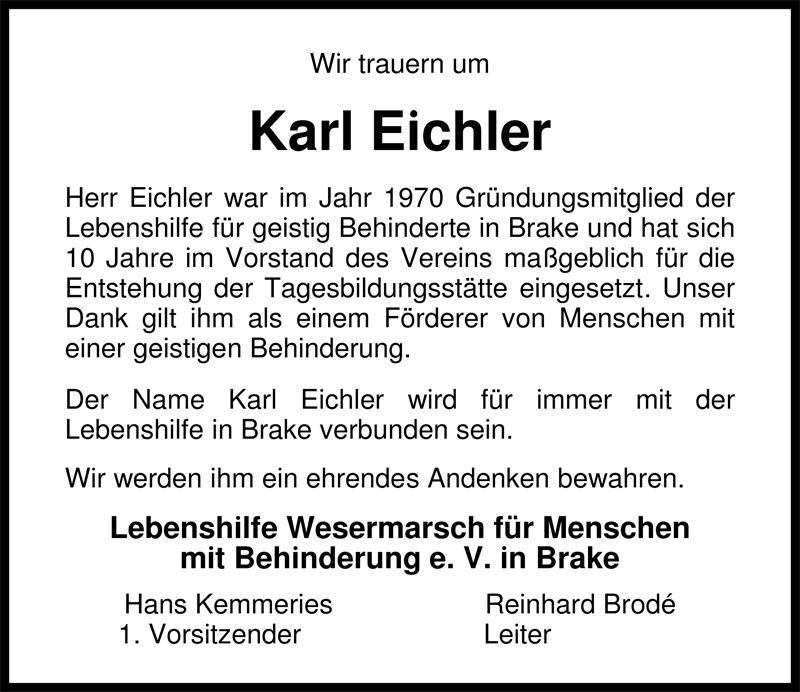  Traueranzeige für Karl Eichler vom 05.05.2009 aus Nordwest-Zeitung