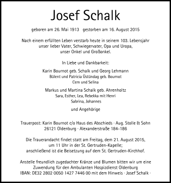 Traueranzeige von Josef Schalk von Nordwest-Zeitung