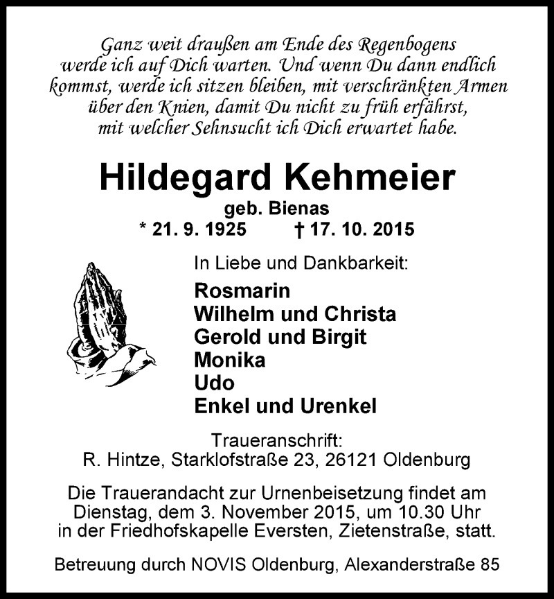  Traueranzeige für Hildegard Kehmeier vom 29.10.2015 aus Nordwest-Zeitung