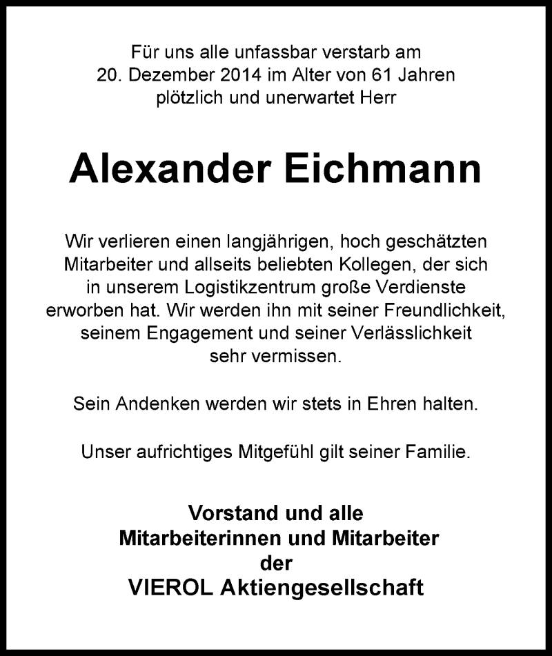  Traueranzeige für Alexander Eichmann vom 24.12.2014 aus Nordwest-Zeitung