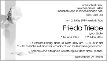 Traueranzeige von Frieda Triebe von Nordwest-Zeitung