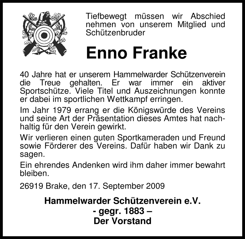  Traueranzeige für Enno Franke vom 18.09.2009 aus Nordwest-Zeitung