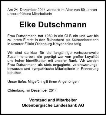 Traueranzeige von Elke Dutschmann von Nordwest-Zeitung