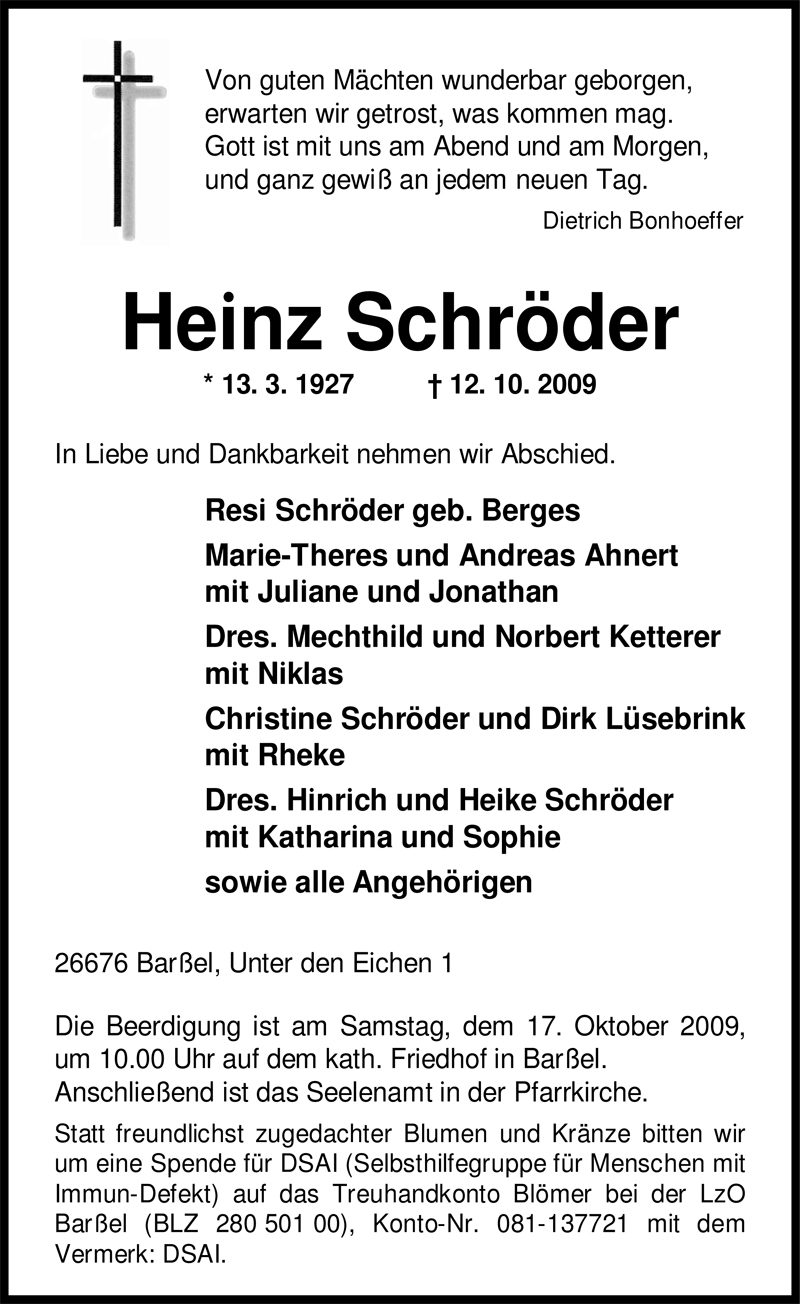  Traueranzeige für Heinz Schröder vom 14.10.2009 aus Nordwest-Zeitung