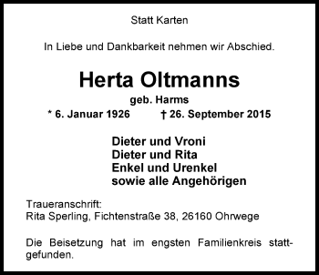 Traueranzeige von Herta Oltmanns von Nordwest-Zeitung