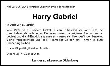 Traueranzeige von Harry Gabriel von Nordwest-Zeitung