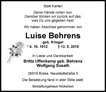 Traueranzeige von Luise Behrens von Nordwest-Zeitung