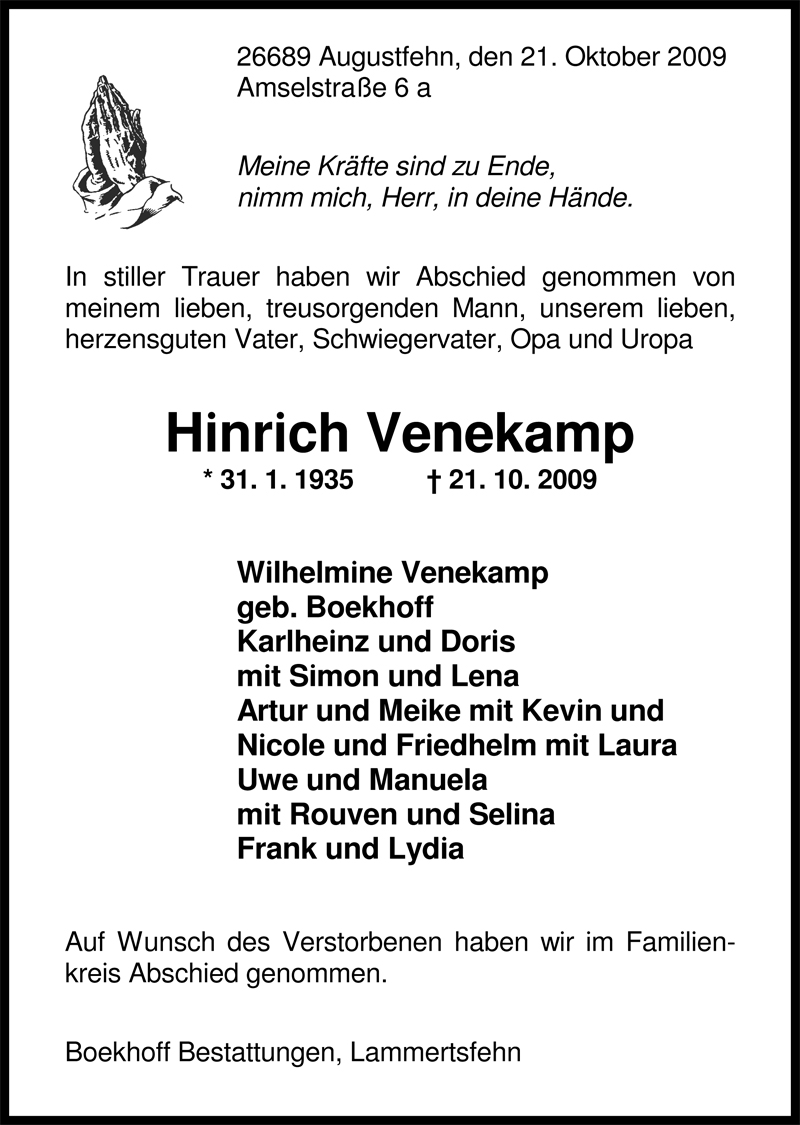  Traueranzeige für Hinrich Venekamp vom 28.10.2009 aus Nordwest-Zeitung