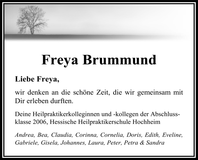  Traueranzeige für Freya Brummund vom 18.08.2009 aus Nordwest-Zeitung