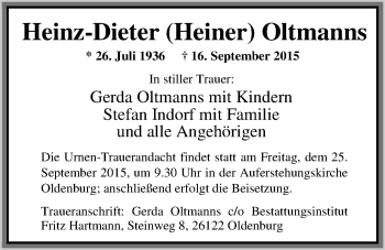 Traueranzeige von Heinz-Dieter Oltmanns von Nordwest-Zeitung