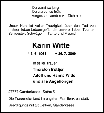 Traueranzeige von Karin Witte von Nordwest-Zeitung