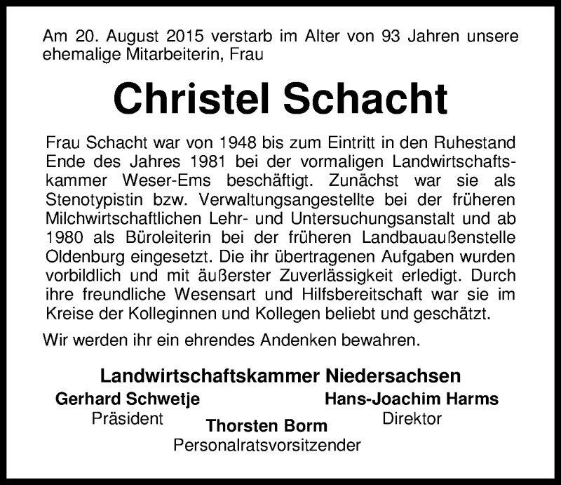  Traueranzeige für Christel Schacht vom 29.08.2015 aus Nordwest-Zeitung