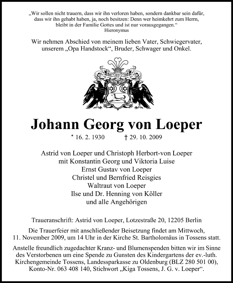  Traueranzeige für Johann Georg von Loeper vom 07.11.2009 aus Nordwest-Zeitung
