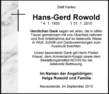 Traueranzeige von Hans-Gerd Rowold von Nordwest-Zeitung