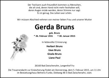 Traueranzeige von Gerda Bruns von Nordwest-Zeitung
