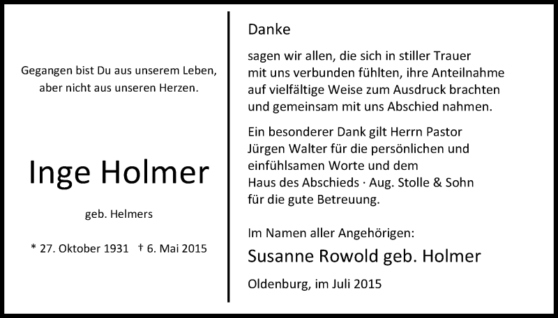  Traueranzeige für Inge Holmer vom 04.07.2015 aus Nordwest-Zeitung
