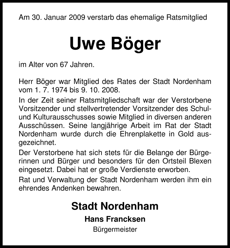  Traueranzeige für Uwe Böger vom 03.02.2009 aus Nordwest-Zeitung