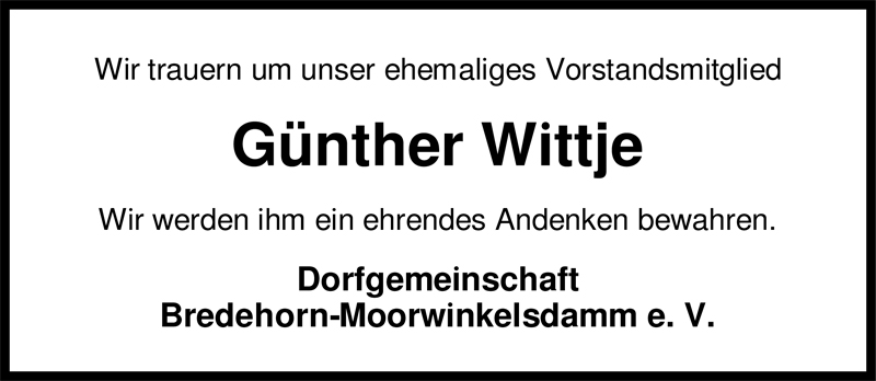  Traueranzeige für Günther Wittje vom 12.09.2009 aus Nordwest-Zeitung
