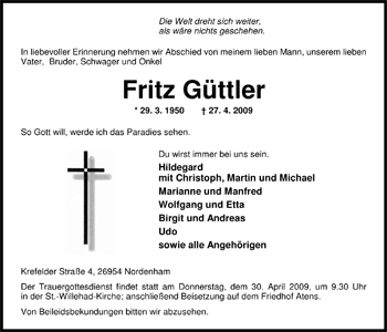 Traueranzeige von Fritz Güttler von Nordwest-Zeitung