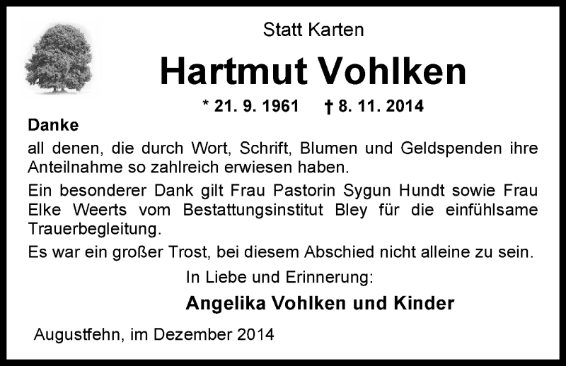  Traueranzeige für Hartmut Vohlken vom 20.12.2014 aus Nordwest-Zeitung