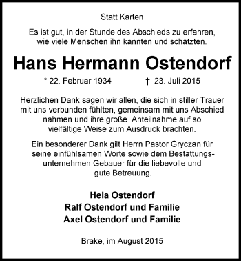 Traueranzeige von Hans Hermann Ostendorf von Nordwest-Zeitung