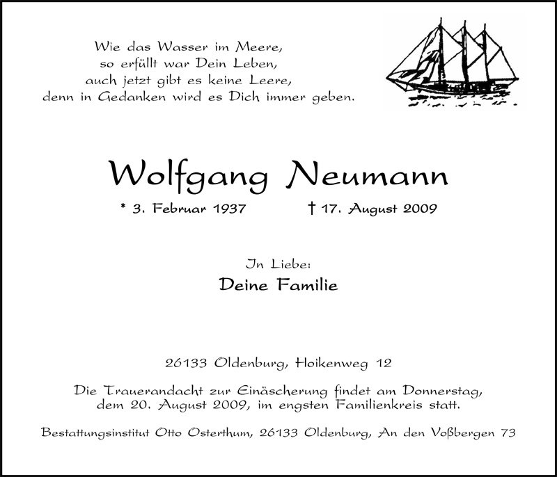  Traueranzeige für Wolfgang Neumann vom 19.08.2009 aus Nordwest-Zeitung