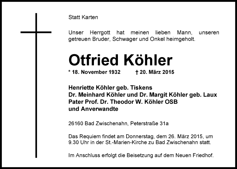  Traueranzeige für Otfried Köhler vom 24.03.2015 aus Nordwest-Zeitung