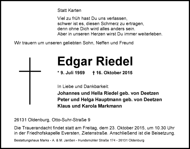  Traueranzeige für Edgar Riedel vom 20.10.2015 aus Nordwest-Zeitung