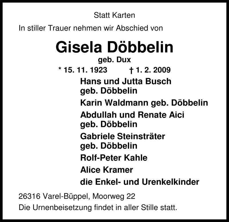  Traueranzeige für Gisela Döbbelin vom 05.02.2009 aus Nordwest-Zeitung
