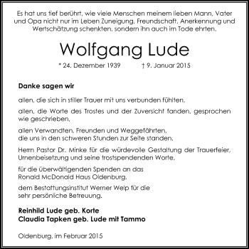 Traueranzeige von Wolfgang Lude von Nordwest-Zeitung