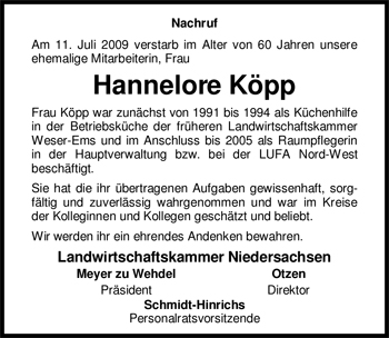 Traueranzeige von Hannelore Köpp von Nordwest-Zeitung