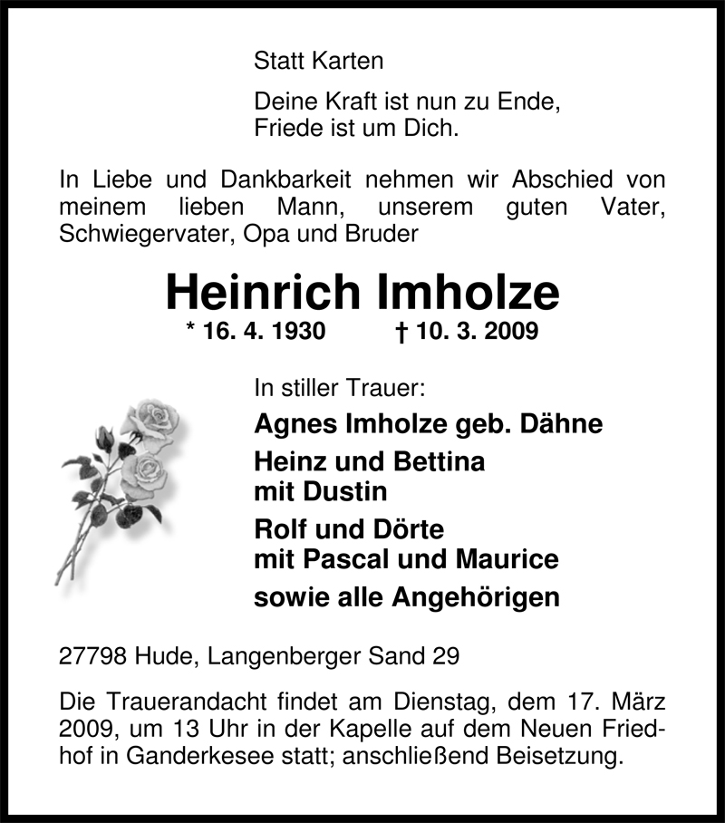  Traueranzeige für Heinrich Imholze vom 12.03.2009 aus Nordwest-Zeitung
