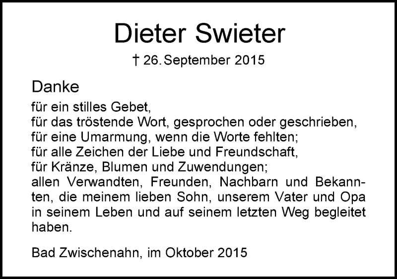  Traueranzeige für Dieter Swieter vom 24.10.2015 aus Nordwest-Zeitung