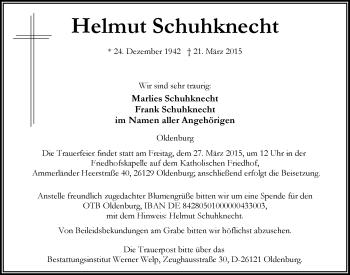 Traueranzeige von Helmut Schuhknecht von Nordwest-Zeitung
