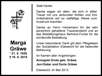 Traueranzeige von Marga Gräwe von Nordwest-Zeitung