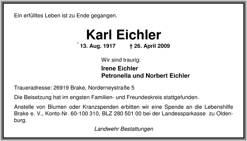  Traueranzeige für Karl Eichler vom 02.05.2009 aus Nordwest-Zeitung