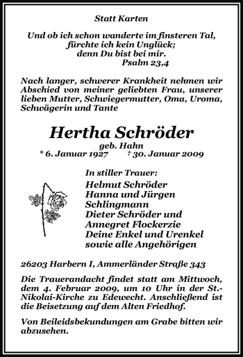 Traueranzeige von Hertha Schröder von Nordwest-Zeitung