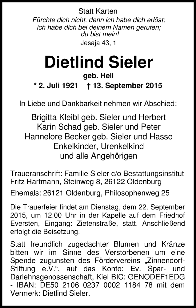  Traueranzeige für Dietlind Sieler vom 17.09.2015 aus Nordwest-Zeitung