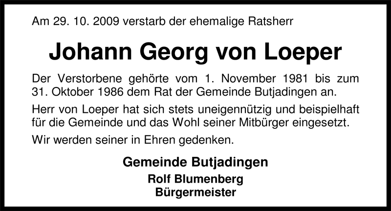 Traueranzeige für Johann Georg von Loeper vom 03.11.2009 aus Nordwest-Zeitung