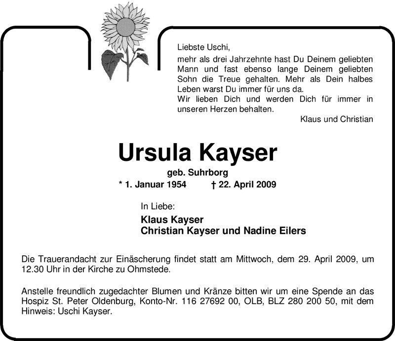  Traueranzeige für Ursula Kayser vom 25.04.2009 aus Nordwest-Zeitung