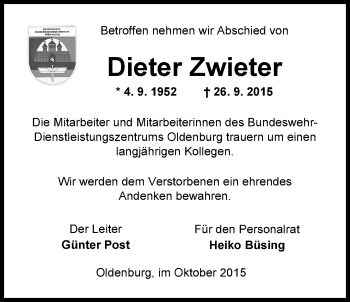 Traueranzeige von Dieter Swieter von Nordwest-Zeitung