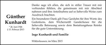 Traueranzeige von Günter Kunhardt von Nordwest-Zeitung